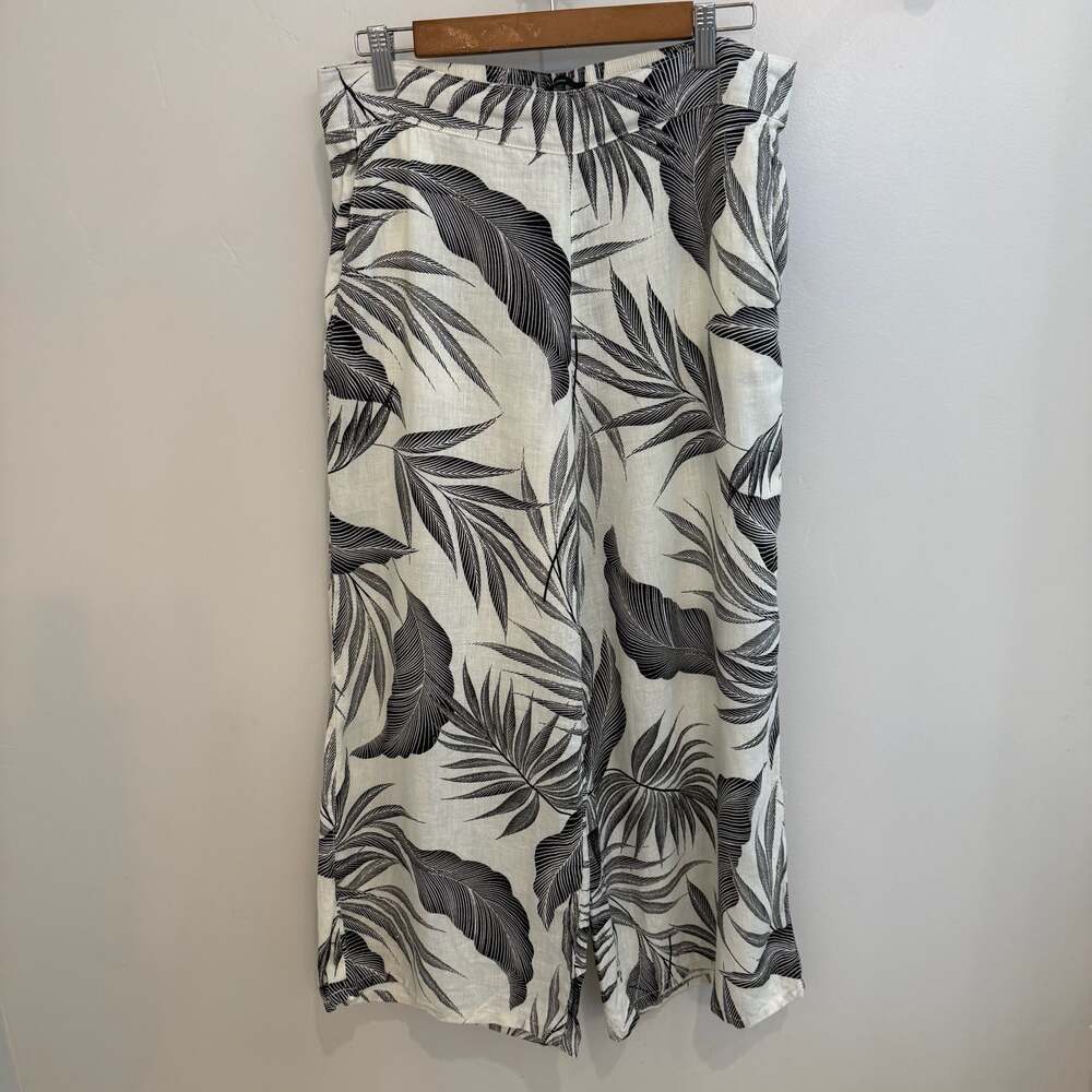 Tahari 100% Linen Tropical Palm Print Wide Leg Pants Size L